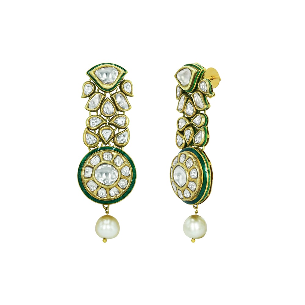 Polki Earrings with Green Enamel Work and Pearl Drop